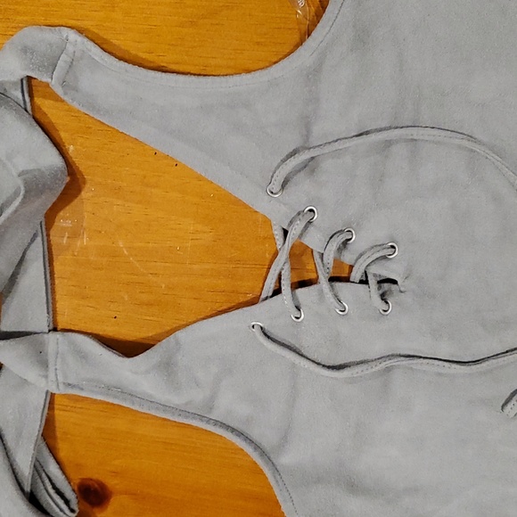 Microsuede Grey Lace up Halter Top - Picture 2 of 6
